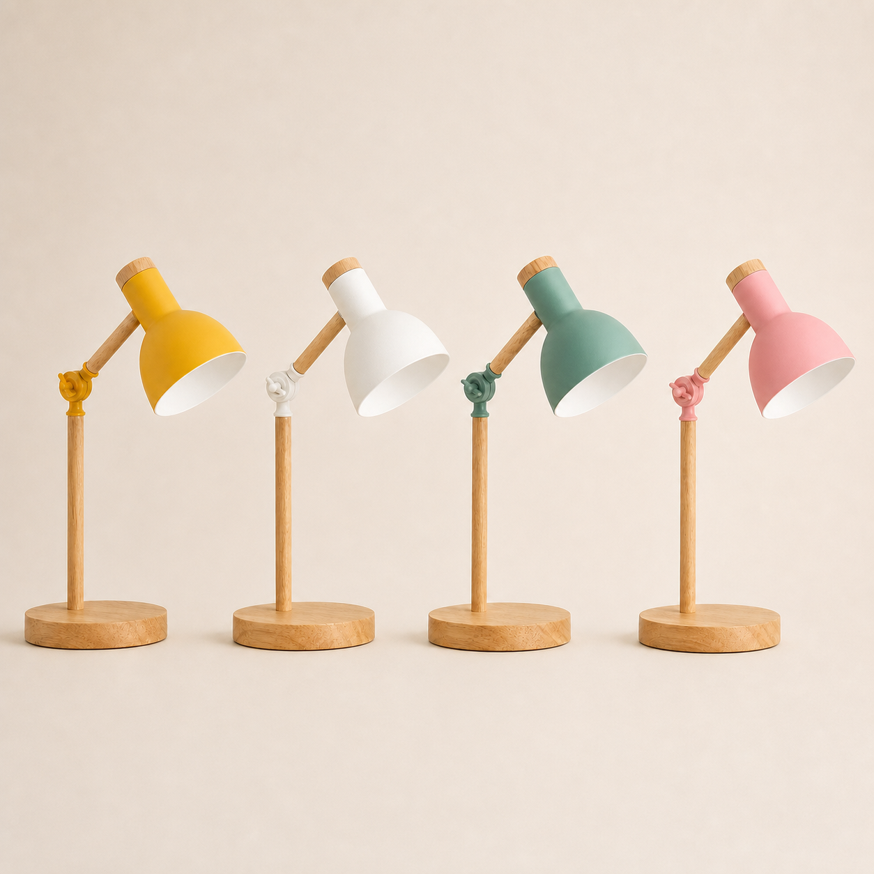 Wood turn-head table lamps in yellow, white, green, and pink on a square off-white background