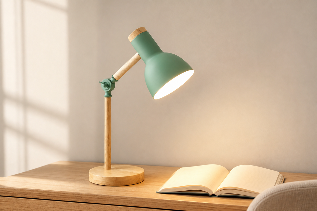 Lifestyle story: Green wood turn-head table lamp illuminating a notebook on a pale-oak desk