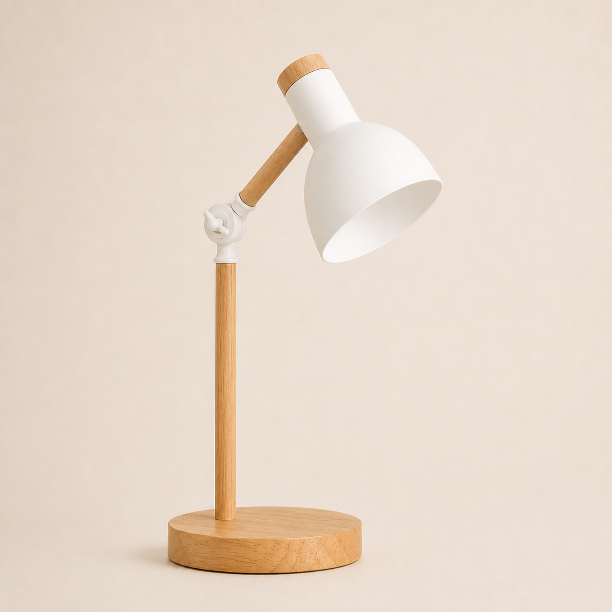 White wood turn-head table lamp on a square off-white studio background
